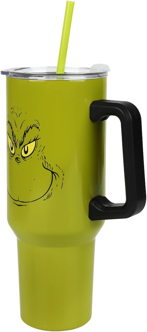 Bioworld Grinch Grinning Face 40 Oz Green Stainless Steel Tumbler With Handle