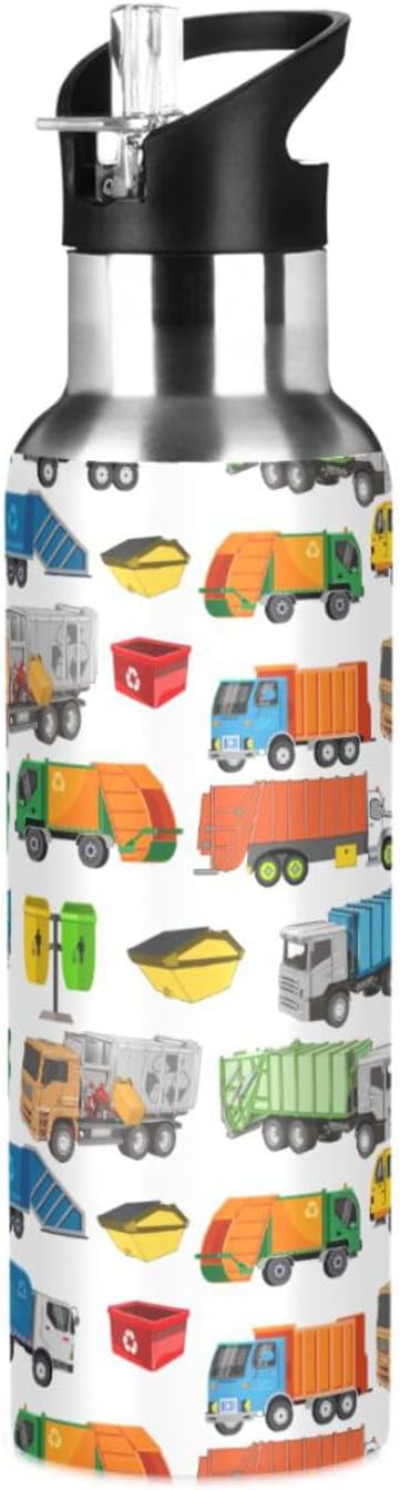 Garbage Trucks Stainless Steel Water Bottle with Straw Lid - 20 Oz Sports Insulated Water Bottle Thermos for Sport Gym Outdoor Travel School (DZ002)