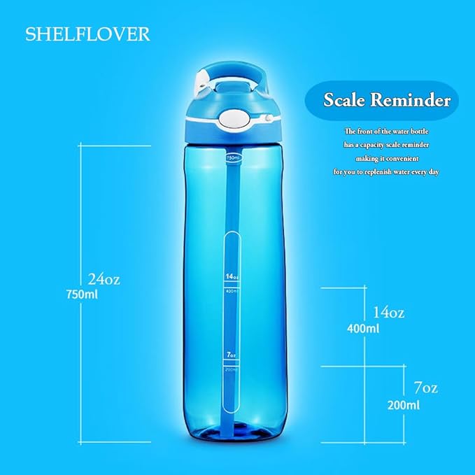 SHELFLOVER Light Blue Water Bottle With Narrow Straw, BPA FREE Clear Bottles With Handle One Hand Use Easy Carried, Flip Up, Suit School, Office, Gym, Office, 24oz (750ml), SLWB24OLB