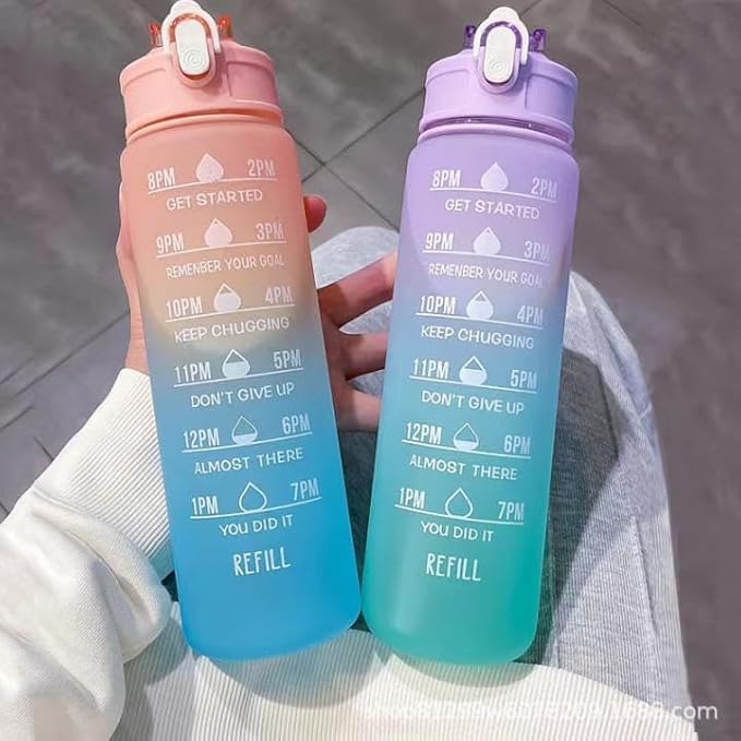 Generic Drinking Water Bottles Fitness Sports With Time Marker, 900 ml, Multiple Colors, Motivational Drinking Bottles Drinking Sports Water Bottle for Fitness, Gym & Outdoor (Pink+Purple), XH-2081