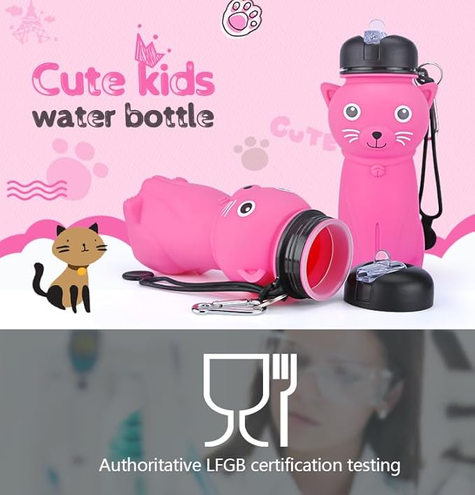Cat Water Bottle,Collapsible Water Bottle for Kids,Cute Water Bottles -kawaii Cat Appearance - Portable Leak Proof with Roll Up Foldable Silicone Features for Sports，BPA Free (pink)