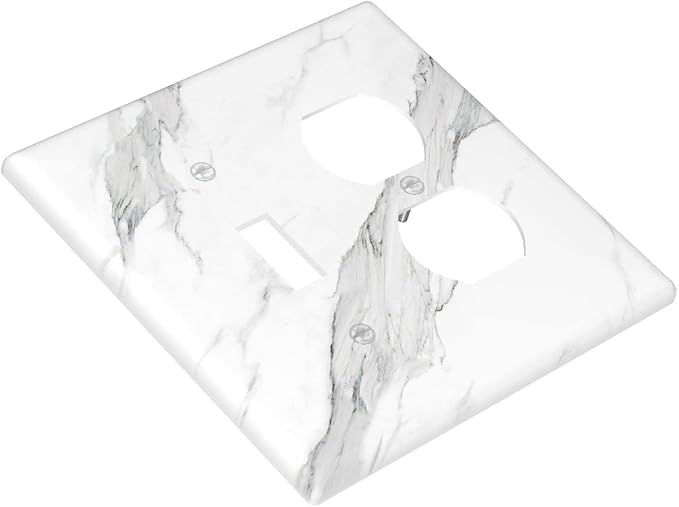 Marble Grey Wall Plate Decorative Light Switch Cover 2-Gang Combo Toggle/Duplex Outlet Faceplate for Bedroom Kitchen Farmhouse White