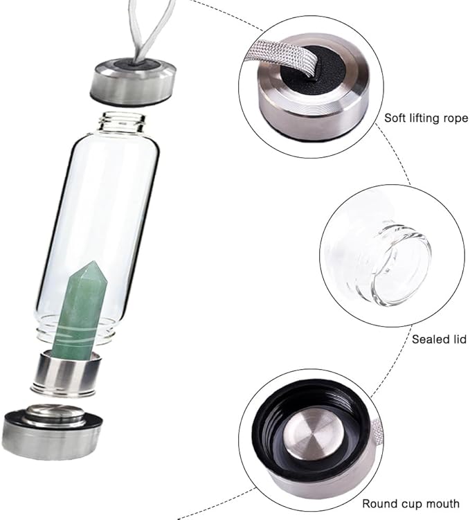Crystal Glass Water Bottle,Water Bottle With Gemstone Center Crystal Elixir Bottle,Removable Gemstones Creative Water Cup Crystal Column Magic Wand Energy Cup for Gifts (N-Dongling Jade)