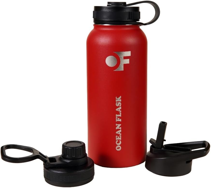 Sports Water Bottle - 32 Oz 3 Lids Straw Lid Leak Proof (Straw, Spout and Handle Lid)- Stainless Steel Sport and Gym, Travel Bottles for Men, Women -Insulated Thermos (Fire Red)