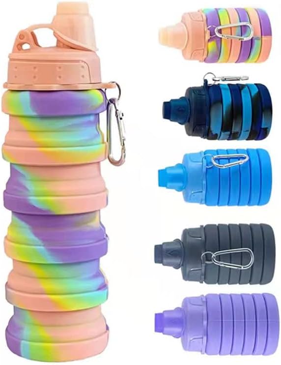 Collapsible Water Bottle Travel Water Bottle Portable Hiking Water Bottle with Leak proof Twist Cap 500ML Reusable BPA Free Silicone Water Bottles (Style1, Pink camouflage)