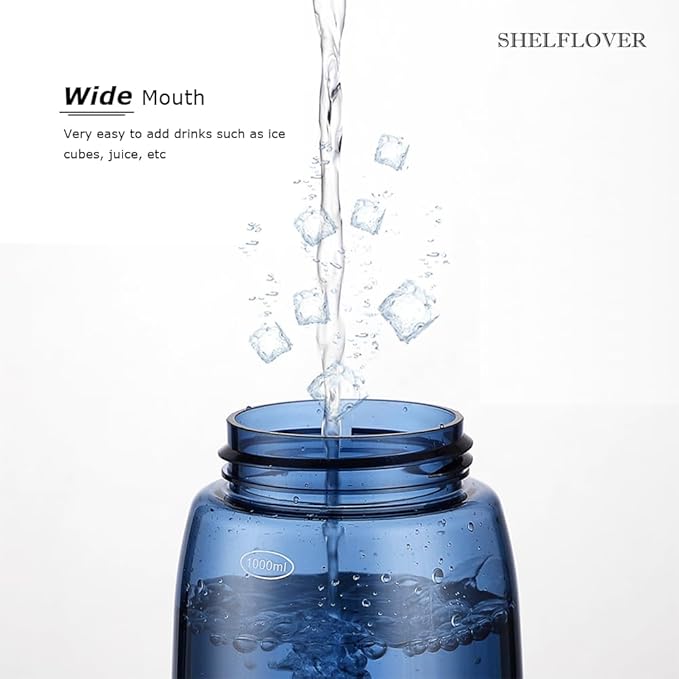 SHELFLOVER Blue Water Bottle With Narrow Straw, BPA FREE Clear Bottles With Handle One Hand Use Easy Carried, Flip Up, Suit School, Office, Gym, Office For Men, 32oz (1000ml)