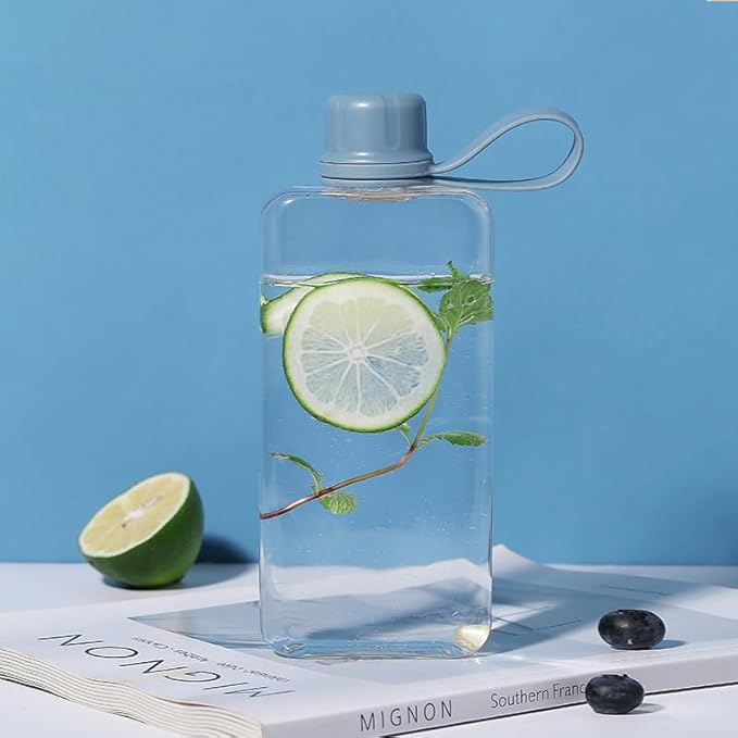 Tritan Transparent Flat Water Bottle samll Water Bottle Slim Square Pocket Bottle Water Flask, BPA Free/Slim Design/Leak Proof Water Bottle for Travel, Outdoor, Sports (Light Blue, 400ML)