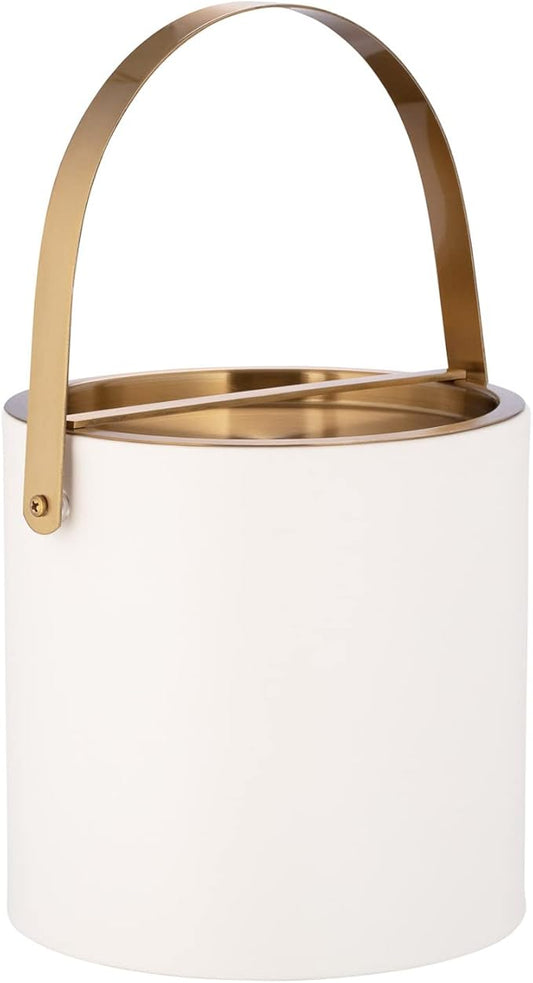 Kraftware 3qt Brushed Gold Arch Handle & Bridge Cover: White Santa Barbara 3 quart Ice Bucket, Small