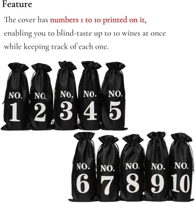 Burgundy Blind Tasting Wine Bags Cover Pouch Kit Tasting Sleeve With Numbering 1to10 Mark Printed On It (10pcs) Hessian Cloth Glass Bottle Gift Bags for Christmas Wedding Party Decoration