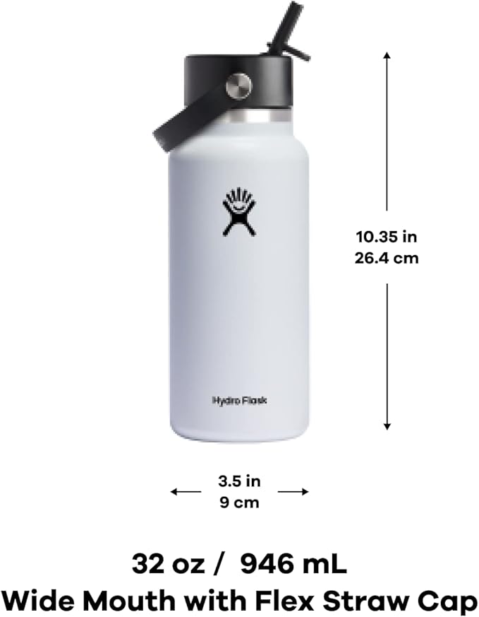 HYDRO FLASK Wide Mouth vacuum insulated stainless steel water bottle with leakproof closeable straw lid for cold water drinks, sports, travel, car and school