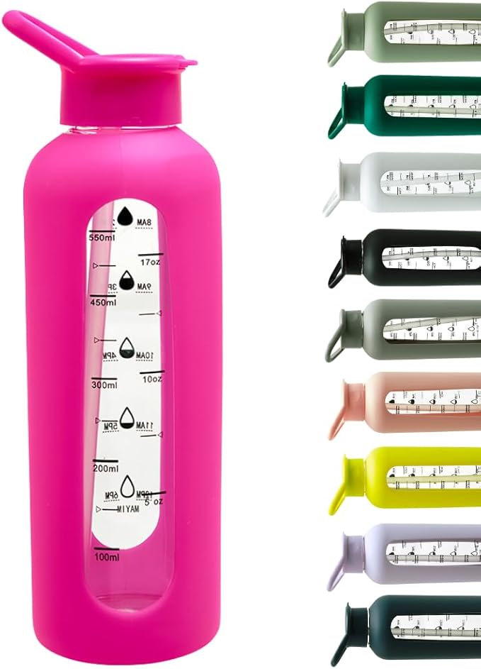 Mayim 24 Oz Glass Tumbler with Straw and Handle, Reusable Motivational Glass Water Bottle with Silicone Sleeve and Time Marker, Leak Proof Borosilicate Water Bottle -Hot Pink