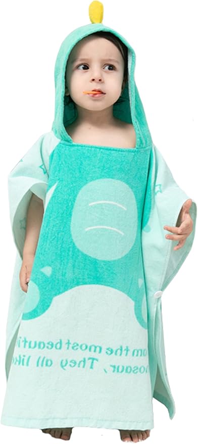 TONWHAR Kids Bath/Pool/Beach Hooded Poncho Towel-Cartoon Animal Pattern Cotton Beach Towel for Baby and Kids (Light Green Dinosaur, 1-4 Years/Height:33.4"-43.3")