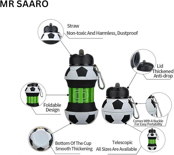 Kids 34 OZ Sports Silicone BPA-Free Water Bottle, Collapsible Football Shape Foldable and Leak Proof Water Bottle for School Kids,Travel,Hiking,Riding and for Movements.