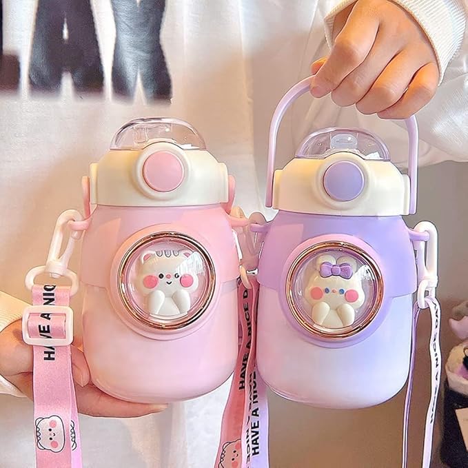 Kawaii Water Bottle with Straw,Travel Cute Water Bottles with Adjustable Strap Leak Proof BPA Free Wide Mouth Water Cup with Lid for Girls, School (Purple)