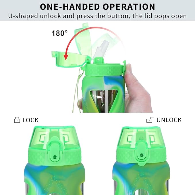 GOPPUS Glass Water Bottles with Straw and Flip Lid, Motivational Water Bottles with Time Marker Reminder and Silicone Sleeve, Leakproof, BPA Free (32 oz, Green Blue and White)