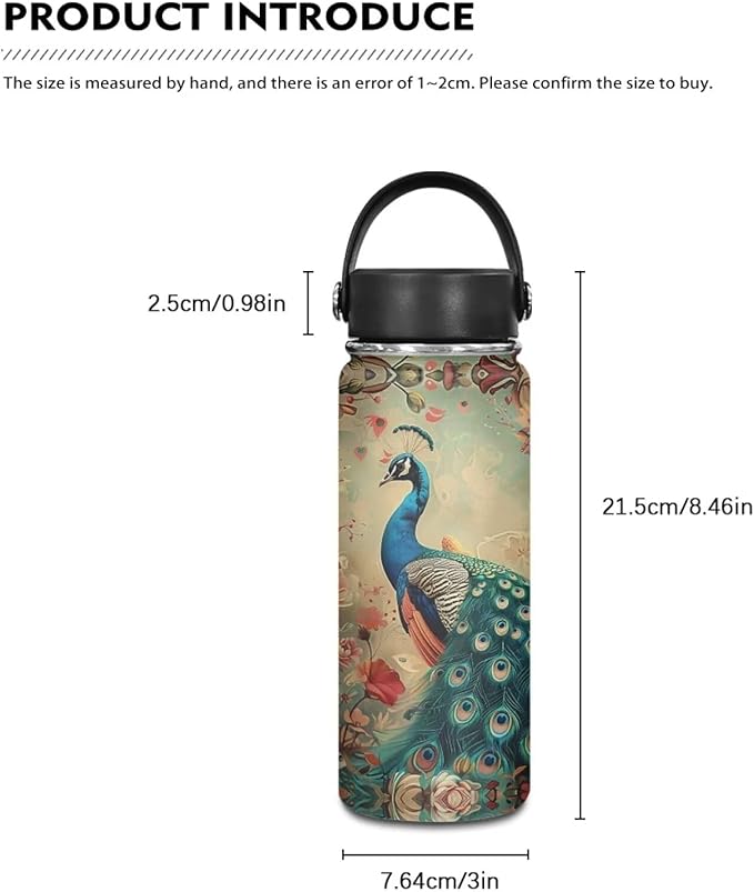 Peacocks Insulated Water Bottle 18 Oz Stainless Steel Leak Proof Vacuum Lightweight Keeps Cold and Hot Great for Travel Hiking Biking Running