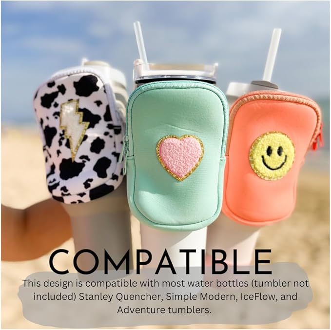 Water Bottle Pouch For Tumblers, Gym Accessories, Unisex | Compatible w/ 20-48oz Tumblers Including Stanley Quencher | Holds Phone, Wallet, Keys, Cards, & More (Soft Turqouise/Heart)
