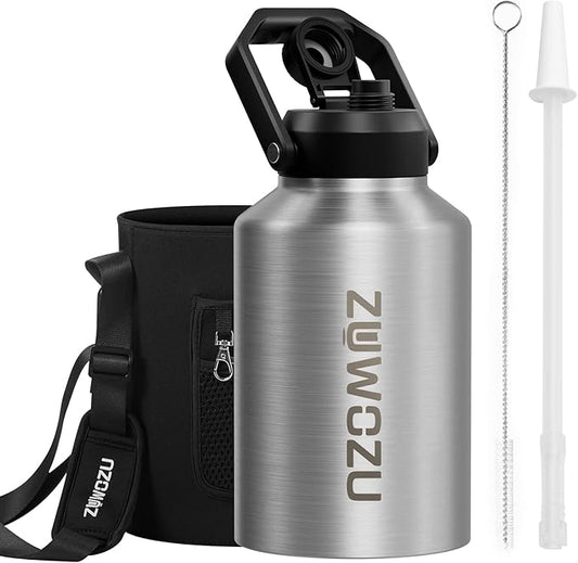 Half Gallon Water Bottle Insulated, 64oz Stainless Steel Half Gallon Water Jug with Straw, Spout,Handle and Carry Sleeve, Wide Mouth,Leak Proof, Keeps Drinks Hot and Cold, Metal Canteen Flask