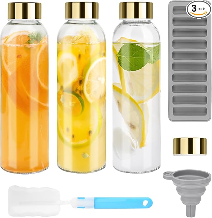 Glass Juice Bottles with Lids for Juicing 24 oz, Reusable Clear Glass Water Bottles with Stainless Steel Airtight Cap for Refrigerator, 100% Leak Proof, BPA Free, ECO Friendly, Set of 3, Gold