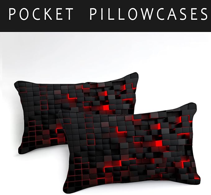 Bedbay Black Checkered Comforter Set Queen Size Plaid Bedding 4 Pcs Stereoscopic Glowing Square Geometric Printing Quilt Set Boys Girls Black Red Grid Bedding Set Queen Duvet Set (Red Black,Queen)