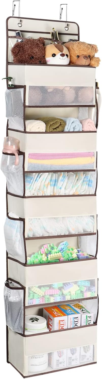 Univivi Over The Door Organizer, Wall Mount Hanging Organizer Hanging Door Organizer with 5 Large Compartments 2 Small PVC Pockets and 8 Mesh Side Pockets for Cosmetics, Toys and Sundries (Beige)