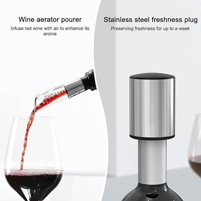 Self-Pulling Wine Opener Set, Twist Wine Corkscrew with Foil Cutter/Premium Vacuum Stopper & Wine Aerator Pourer, Eco-Friendly, Waiter Corkscrew, Manual Wine Opener Gifts(Stainless Steel)