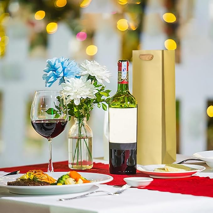 KEYYOOMY Wine Gift Bags - 10 Pack Gold Kraft Paper Wine Bottle Gift Bags with Handles for Wedding Birthday Housewarming Christmas Party Supplies(10CT, 13.8x4.3x3.5 IN, Gold)