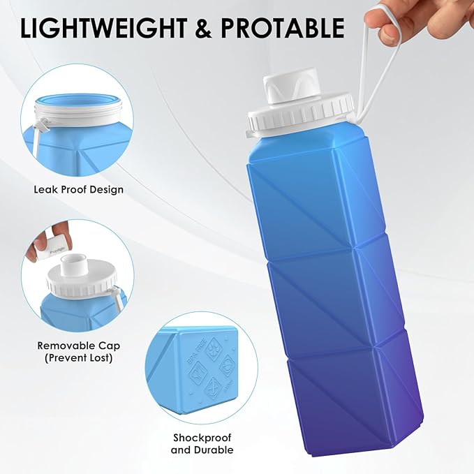 Collapsible Water Bottles,BPA-Free Leak-Proof Silicone Foldable Water Bottle Cup 20.6oz,Durable Lightweight Bottle for Gym Travel Camping Hiking Running (UV Discoloration)