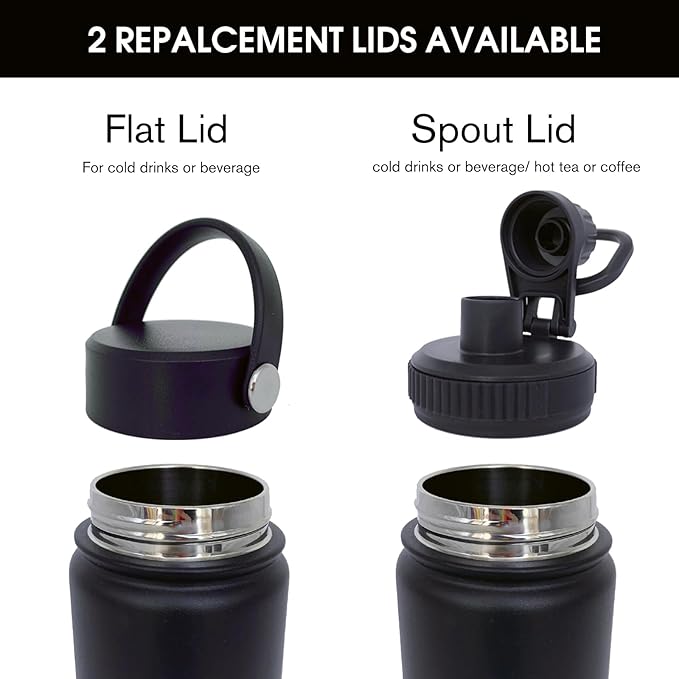 22oz Insulated Water Bottle ，Stainless Steel Sports Water Cup Flask with 2 Lids, Wide Mouth Travel Thermal Mug,Outdoor Sports Bottle（Blue Black）