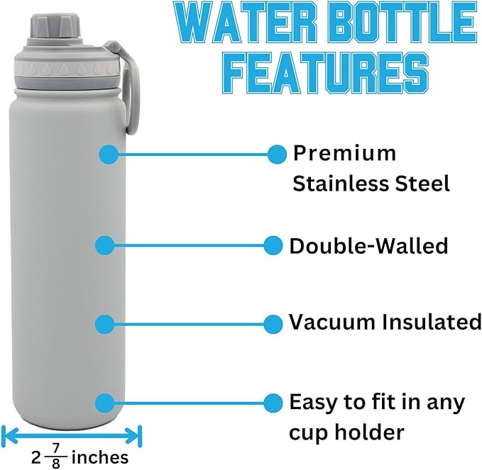 Oregon Text Water Bottle - Gray Double Walled Stainless Steel 24 oz Keeps Drinks Cold or Hot