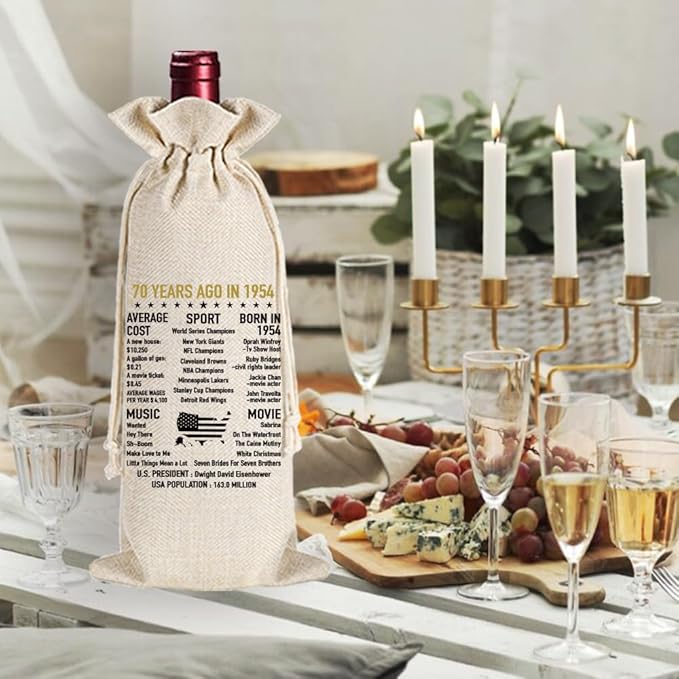 Qubereeree 70th Birthday Gifts for Women Men Funny 70 Year Ago in 1954 Birthday Party Decorations Wine Bags for Mom Dad Grandma Coworker, 70 Year Old Birthday Gifts Vintage 1954 Wine Bag-4