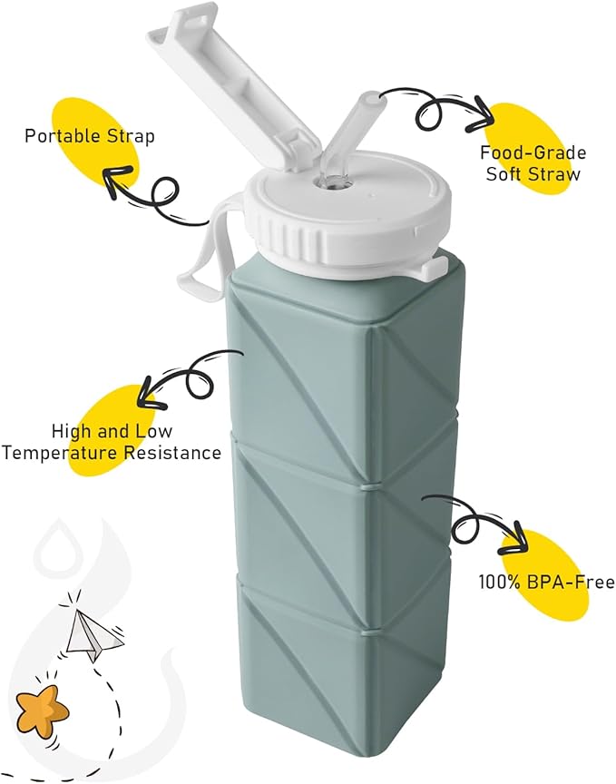 Opard Collapsible Water Bottles 21 Oz - BPA Free, Leak Proof, Foldable Silicone Collapse Water Bottle with Straw, Easy to Compact and Expandable, Travel Essentials Accessories (Blue)