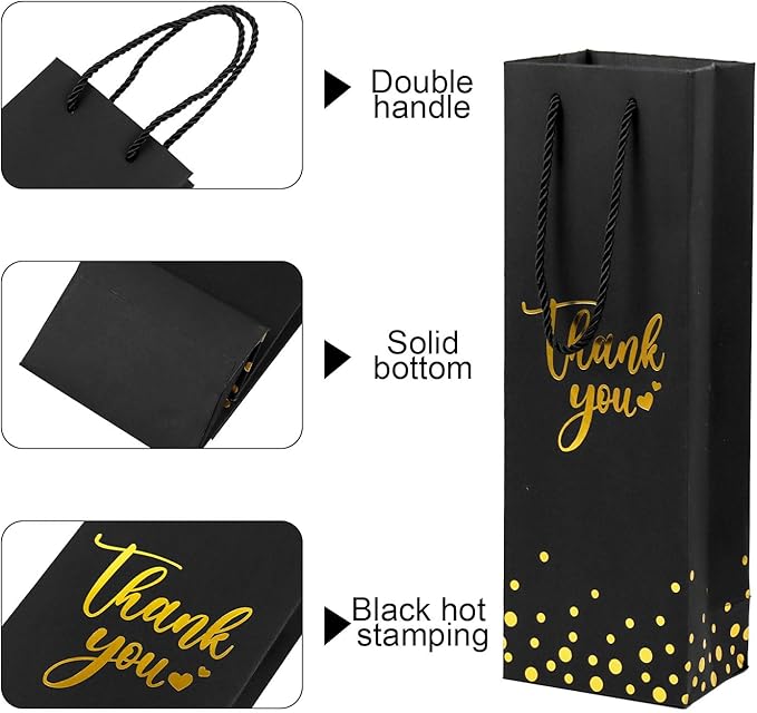Ssyuysto 12 Pcs Wine Gift Bags for Wine Bottles Elegant Thank You Wine Gift Bags with Metallic Gold Foil Print Kraft Wine Gift Bags with Attractive Rope Handles for Wedding Bottle (Black)