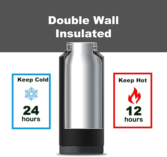 Black 32 oz insulated water bottle with straw stainless steel water bottle,double wall,leak proof water bottles with 3 lids,travel,gym mens water bottle (Black, 32oz)