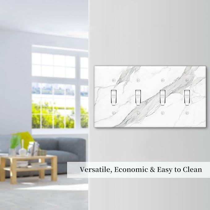 Marble Grey Wall Plate Decorative Light Switch Cover 4-Gang Quad Toggle Faceplate for Bathroom Farmhouse Kitchen Bedroom White