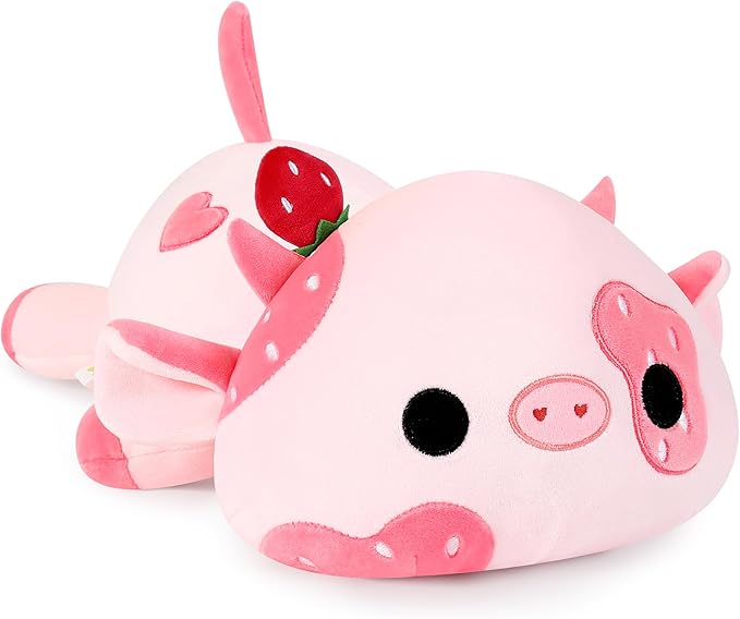 Onsoyours Cute Cow Plushie, Soft Stuffed Strawberry Cow Squishy Plush Animal Toy Pillow for Kids (Strawberry Cow, 12")