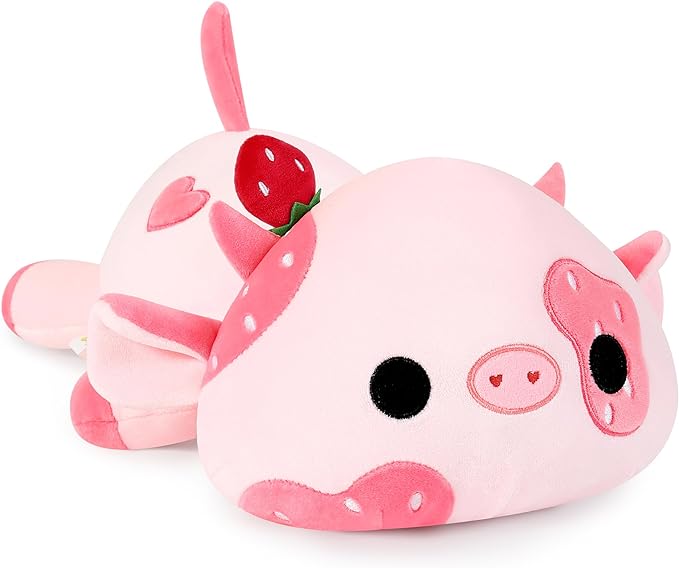 Onsoyours Cute Cow Plushie, Soft Stuffed Strawberry Cow Squishy Plush Animal Toy Pillow for Kids (Strawberry Cow, 9")