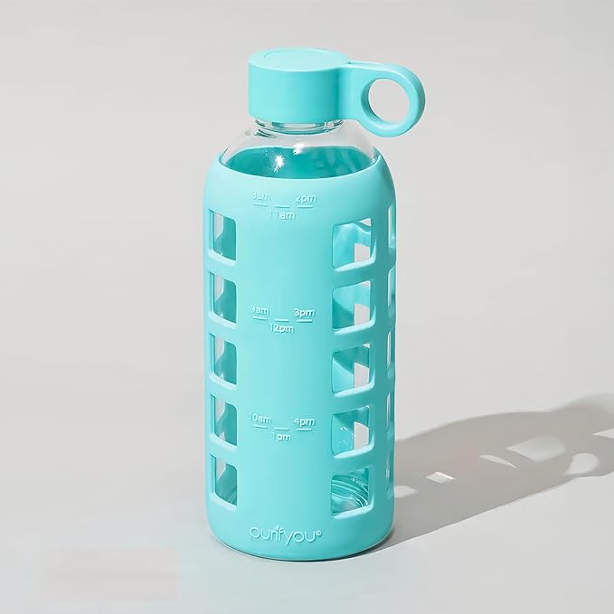 purifyou Premium 40/32 / 22/12 oz Glass Water Bottles with Times to Drink and Volume, Silicone Sleeve & Stainless Steel Lid Insert, Reusable for Fridge Water, Milk, Fruit Juice (Aqua Blue, 22 oz)