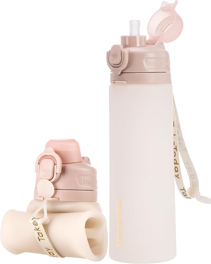 Collapsible Water Bottles 20oz, Leak Proof, BPA-Free, Foldable Silicone Travel Water Bottle with Straw Strap for Cycling, Hiking, Outdoors