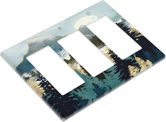 Boho Mountain Forest Abstract Sunset Sunrise Sun 3 Gang Rocker Light Switch Covers Triple Outlet Wall Plate Decorative Switchplate Cover Faceplate GFCI for Country Bathroom Bedroom Decor