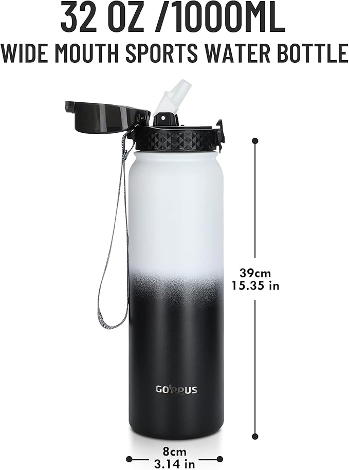GOPPUS 32 oz Sports Water Bottle 1 Liter Double Wall Insulated Stainless Steel Water Bottles with Straw Lid Reusable Leak proof Metal water bottles with Strap Handle(White Black 1 lid)