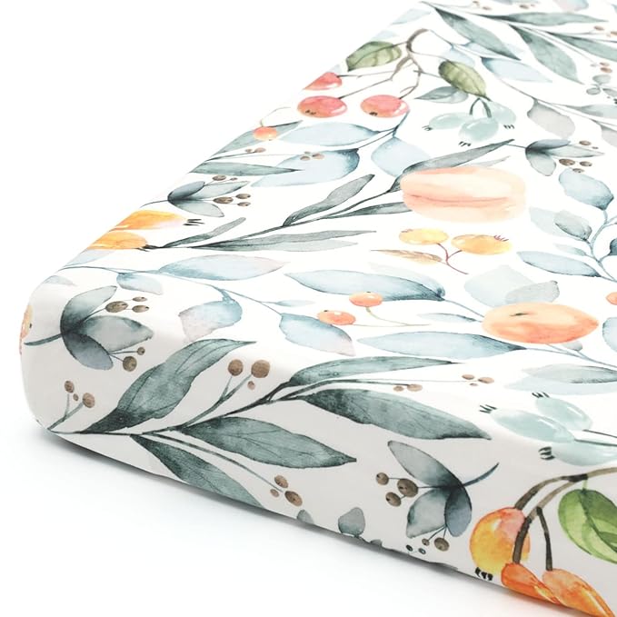 GRSSDER Stretchy Ultra Soft Jersey Knit Fitted Pack n Play Sheets Set 2 Pack, Portable/Mini Crib Sheets for Girls, Watercolor Flowers and Fruits