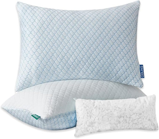 Uniqwamer Cooling Bed Pillows for Sleeping 2 Pack Shredded Memory Foam Adjustable Pillows Standard Size Set of 2 for Side Back Sleepers - Luxury Extra Comfy Gel Pillows with Washable Removable Cover