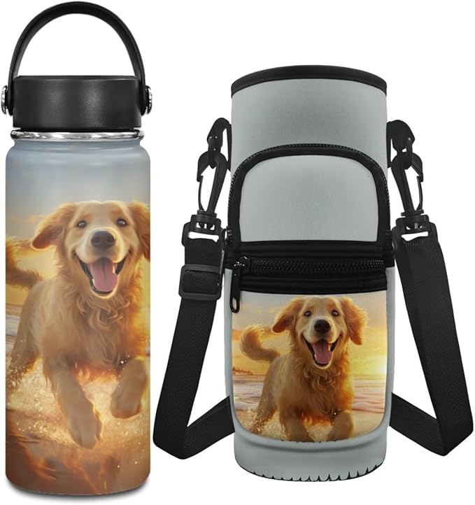 Golden Retriever Water Bottle Kids 8-10/10-12 Stainless Steel Water Bottle 20 OZ Water Bottle Carrier Bag with Phone Pocket Set with Shoulder Strap