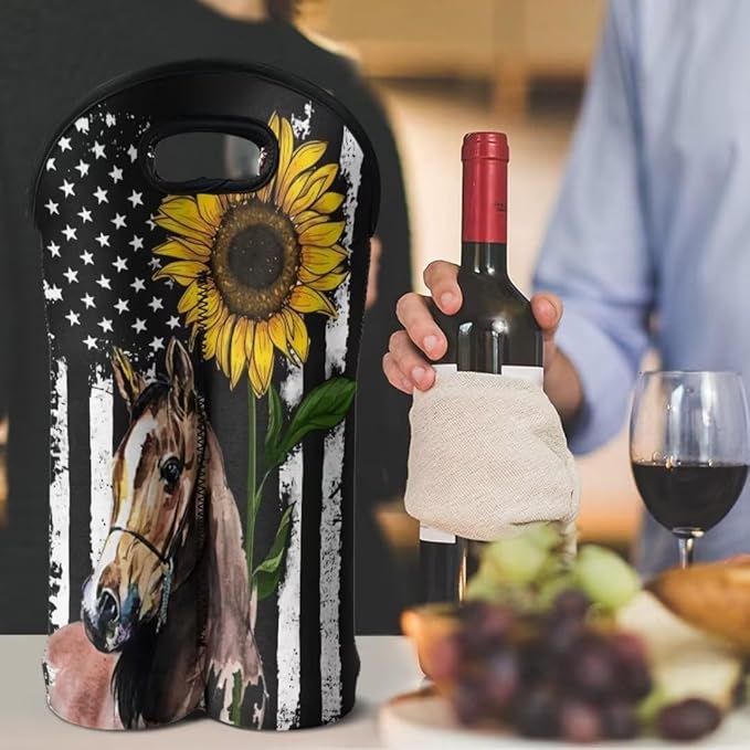 doginthehole Horse Wine Bag Double Wine Carry Bag Reusable Neoprene Wine Tote Insulated Bag American Flag Sunflower Print Wine Accessories Gift for Women Champagne Carrier Bag