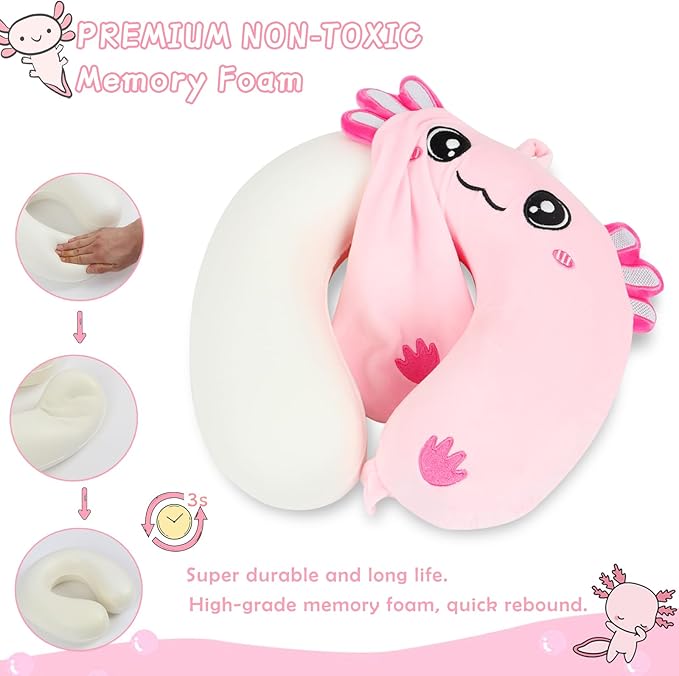 Travel Pillow, Kids Travel Pillow with Sleep Eye Mask Soft Memory Foam Kids Neck Pillow for Boys & Girls, Travel Accessories for Car Airplane Traveling - Axolotl