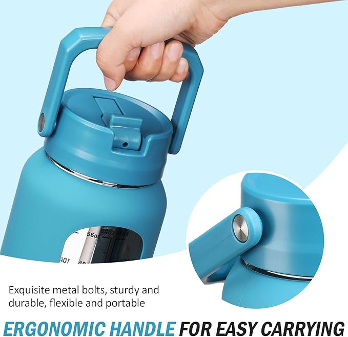 64 oz Glass Water Bottle with Straw and 2 Lids, Half Gallon Water Bottle with Sleeve, Large Insulated 2 Liter Glass Water Jug Time Marker with Handle - Steel Blue