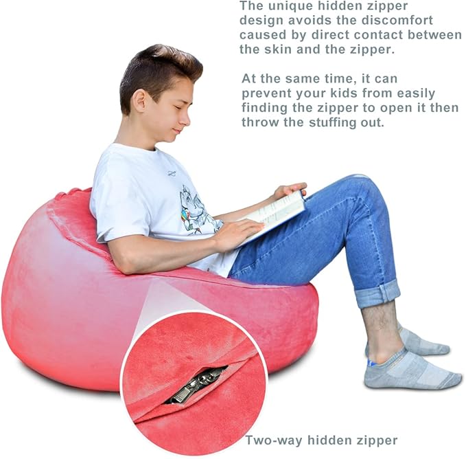 Bean Bag Chair Cover, Stuffed Animal Storage, Plush Toys Organizer Holder, Beanbag Chairs Cover for Kids Teans and Adults Super Soft and Comfortable Fabric X-Large with Handle and Zipper -Round Pink