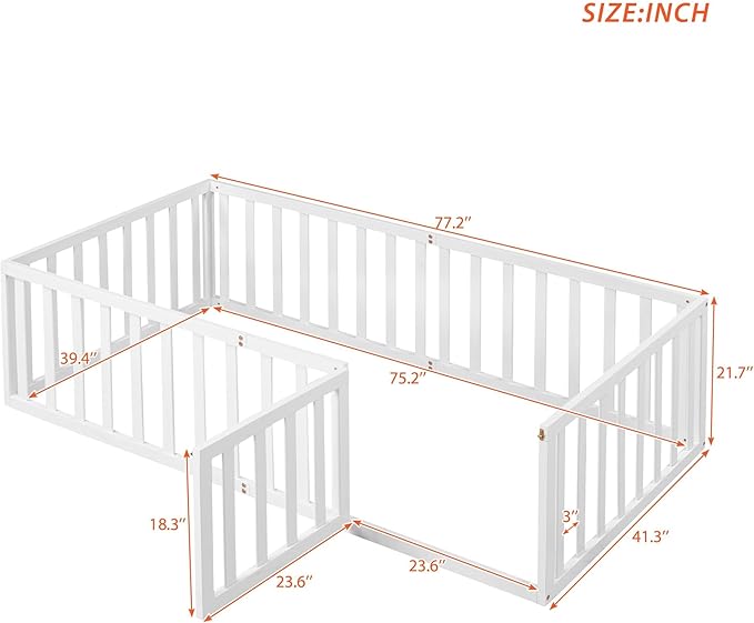 Twin Size Floor Bed with Fence, Solid Wood Floor Bed Frame for Kids with Door, Twin Platform Bed for Boys and Girls Kids Teens, Fun Design Multifunctional Floor Bed, for Children Bedroom