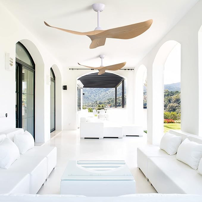 CACI Mall Ceiling Fans Without Lights - 52 Inch Flush Mount Ceiling Fan with 6 Speeds 3 Timer Remote, Quiet Reversible DC Motor and 5"/10"/25" Replacement Downrods (Light Wood Blades)